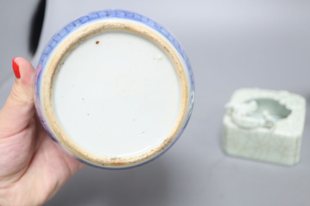 A Chinese blue and white jar, a crackleglazed dragon brush washer and an enamelled dish